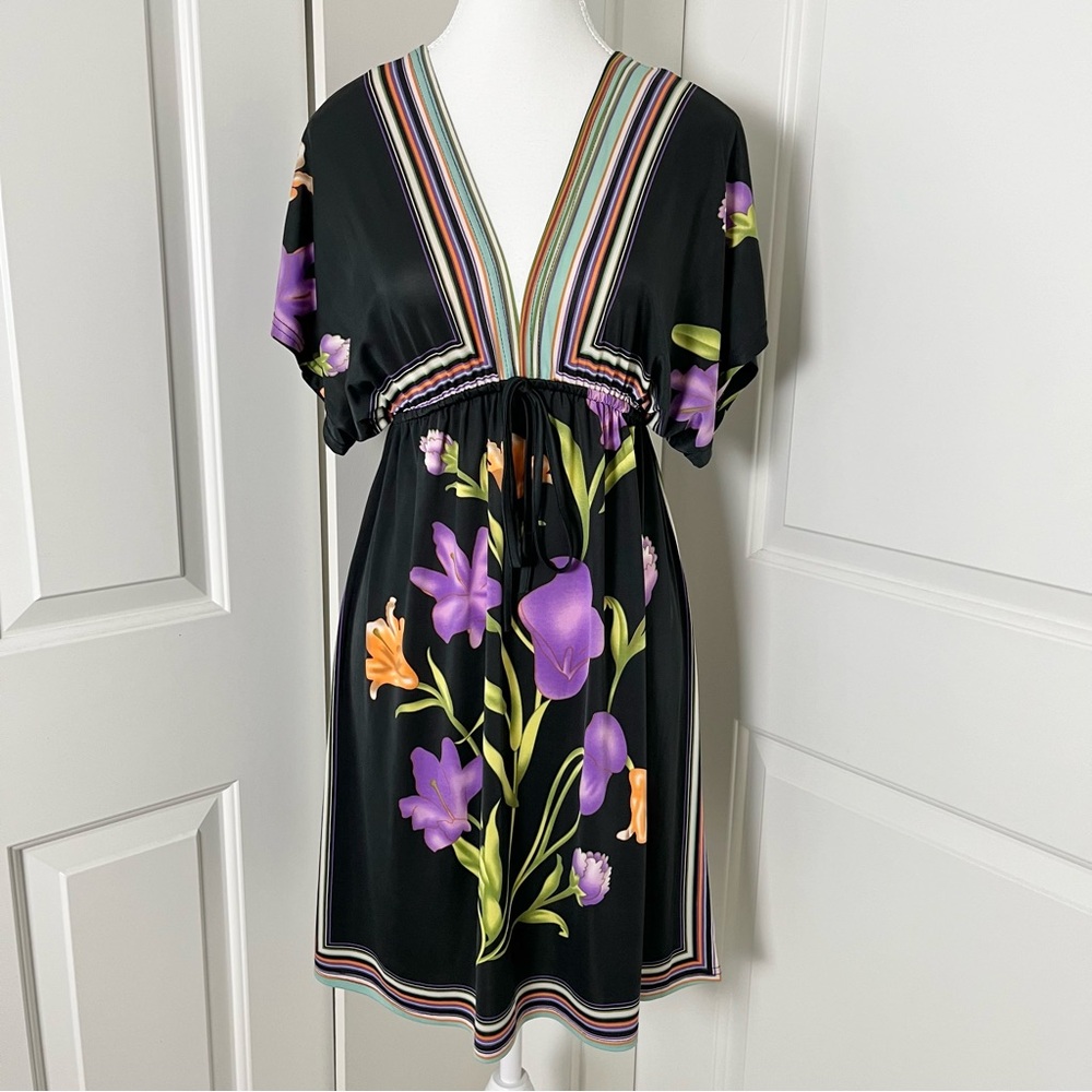 Floral Scarf Tunic Babydoll Jersey Dress with Kimono Sleeves-Black Purple-Small